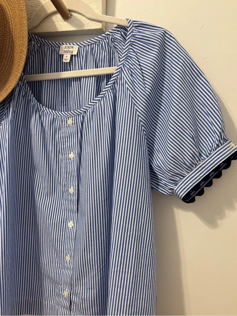 NWOT J Crew Women's Blue Stripe Button-Front Puff Sleeve Top